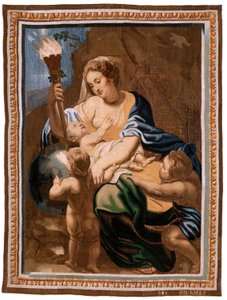 Flämischer Wandteppich. Serie Der Triumph der Eucharistie. Allegorie der Nächstenliebe erleuchtet die Welt. Modell Peter Paul Rubens. 1626-1628.