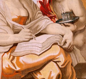 Flemischer Wandteppich. Serie Der Triumph der Eucharistie. Weisheit wird vom Heiligen Geist inspiriert. Neunzehnter Wandteppich in der Serie. Modell Peter Paul Rubens. 1626-1628. Herstellung Jacob II Geubels, Brüssel.