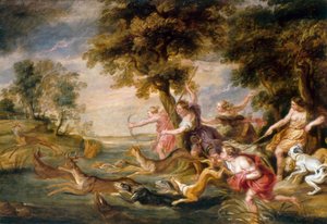 Diana und Nymphen jagen Damwild