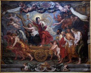 Der Triumph des katholischen Glaubens. Allegorie des Triumphs der Eucharistie über Natur, Wissenschaft, Philosophie und Poesie. Eine Frau auf einem Wagen hält einen Kelch mit einer Hostie, Symbol der Eucharistie. Engel halten Symbole der Passion: Kreuz, Do von Peter Paul Rubens