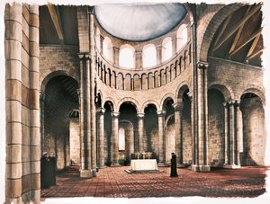 Innenraum der Battle Abbey Kirche, Sussex, im 12. Jahrhundert von Peter Urmston
