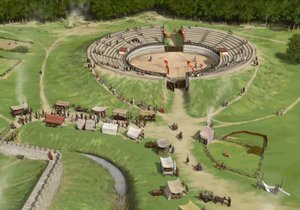 Zuschauer kommen im römischen Amphitheater von Silchester an, ca. 250 n. Chr., ca. 1990-2010