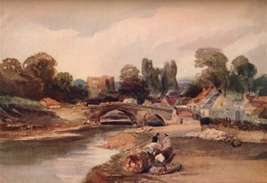 Ein Dorf an einem Fluss, mit Brücke und Ruinen
