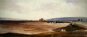 Eine offene Landschaft mit einem Wagen in der Ferne