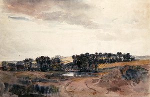 Landschaft mit Bäumen und Vieh an einem Teich