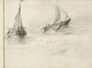 Zwei Segelschiffe mit Figuren auf See