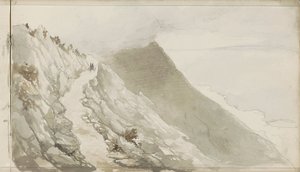 Figuren auf einem Pfad entlang einer Felsenküste von Petrus Johannes Schotel