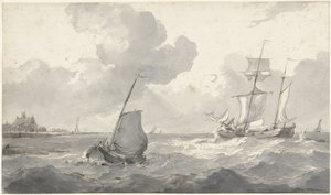 Zweimaster und Fischerboot vor der Küste