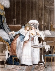 Debucourt. Der wiederbelebte Vogel. Eine Frau legt einen kranken kleinen Vogel unter ihre Brust, um ihn wiederzubeleben. Gravur