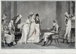 Die Orange oder das moderne Urteil des Paris Parodie des Urteils des Paris, inszeniert einen jungen Mann in der Mode des Directoire, der zwischen drei Wunderschönen wählt. Drucke von Philibert Louis Debucourt, um 1800 von Philibert Louis Debucourt