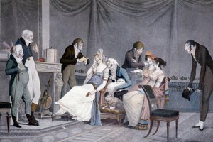 Die Besuche, von Louis-Philibert Debucourt, Aquatinta, Szene mit etruskisch inspirierten Directoire-Möbeln, Frankreich von Philibert Louis Debucourt