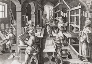Eine europäische Druckerei um 1590 (Gravur)