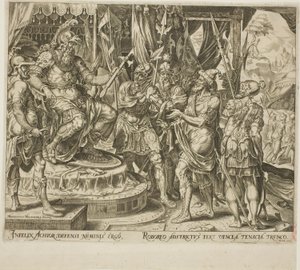 Achior bittet Holofernes für die Israeliten, Platte eins aus Die Geschichte von Judith und Holofernes von Philip Galle