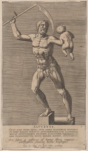 Saturn, Statue des nackten Gottes, der auf einem Sockel steht und eine Sense in der rechten Hand hält