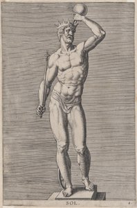 Platte 4: Apollo, Statue des nackten Gottes auf einem Sockel, mit einer Krone und einem... von Philip Galle