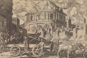 Die Chaldäer tragen die Säulen des Tempels von Jerusalem weg, aus Die Katastrophen..., 1569 von Philip Galle