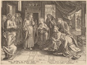 Das Treffen der Apostel und der Frauen im Obergemach von Philip Galle after Jan van der Straet