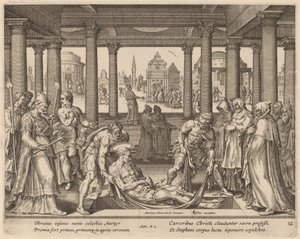 Andächtige Männer tragen den heiligen Stephan zu seiner Beerdigung von Philip Galle after Maerten van Heemskerck