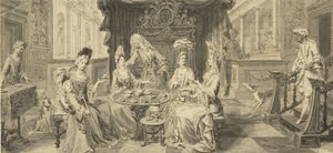 Elegante Gesellschaft am runden Tisch, um 1700