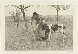 Bäuerin gräbt bei Kalb (Le veau) von Philip Zilcken (signed by artist)