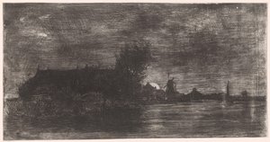 Landschaft mit Häusern und Mühle am Wasser