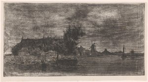 Landschaft mit Häusern und Mühle am Wasser