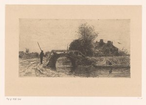 Landschaft mit Fluss, Brücke und Häusern