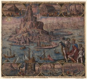 Der Leuchtturm von Alexandria aus der Serie Die acht Weltwunder nach Maarten van Heemskerck, 1572 von Philipp Galle
