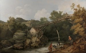 Eine Ansicht in der Nähe von Matlock, Derbyshire mit Figuren, die unter einem Holzförderer arbeiten