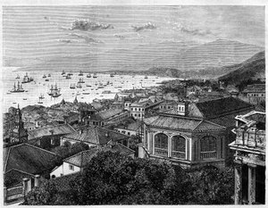 Blick auf die Bucht von Hongkong. Gravur nach einer Zeichnung von Benoist, in Le Tour du Monde, Nouveau journal des Voyages, herausgegeben von Edouard Charton, Paris
