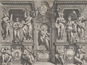 Allegorischer Thesendruck mit verschiedenen Figuren in einer architektonischen Struktur von Philippe Thomassin