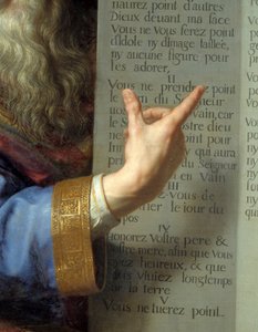 Moses und die Gesetzestafeln, Detail der Hand von Moses, die die Zehn Gebote zeigt
