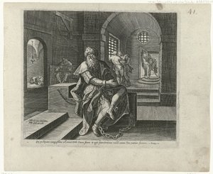 König Manasse im Gefängnis (Buße und Reue im Alten und Neuen Testament, Typus Divinae indulgentiae atqz misericordiae, erga eos quibus ex toto corde transgressionum poeni tet et ad dnm deum se convertunt) von Philips Galle (attributed to workshop of)