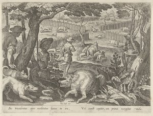 Treibjagd auf Wildschweine
Jagdszenen (Serientitel)
In quibus omne genus venationis, aucupij, piscatusque (Serientitel)