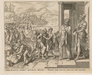 Ergreifung und Tötung der Priester Baals, Blatt 4 der Folge „Die Geschichte von Elias und den Priestern von Baal“ von Philips Galle