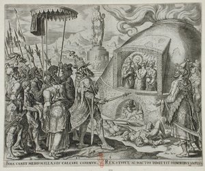 Nebukadnezar sieht die drei Juden unversehrt in den Flammen von Philips Galle