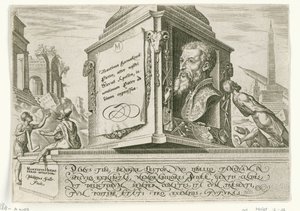 Porträt von Maarten van Heemskerck auf dem Sockel einer Säule (Die Unheilstage des jüdischen Volkes) von Philips Galle