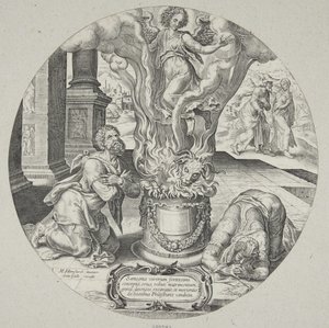 Der Engel steigt in der Flamme auf dem Altar von Manoach und seiner Frau auf von Philips Galle