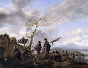 Eine weite Flusslandschaft mit Soldaten und einem Standartenträger, die ihre Pferde tränken von Philips Wouwerman