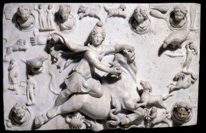 Orientalische Antiquitäten: Mithras tötet den Stier (aus dem Mithräum von Sidon). Flachrelief aus Marmor aus Sayda, 2.-3. Jahrhundert (griechisch-römische Periode, phönizisches Königreich). Paris, Louvre Museum von Phoenician Phoenician