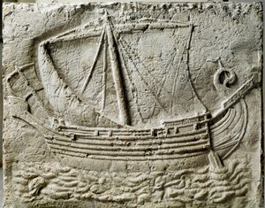 Phönizische Kunst: Basrelief eines Sarkophags, das ein Handelsschiff darstellt - Aus dem alten Hafen von Sidon (Saida) im Libanon - Paris, Louvre Museum