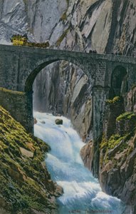 Kutsche überquert die Teufelsbrücke über die Schöllenenschlucht in der Schweiz. Postkarte von 1913.
