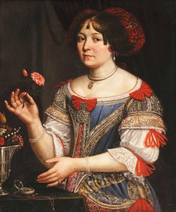 Porträt einer Dame, dreiviertellänge, in einem blau und rot bestickten Kleid