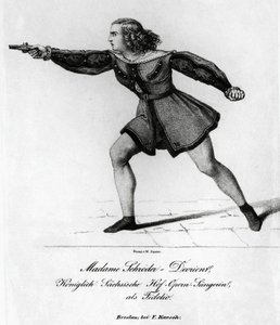 Porträt von Wilhelmine Schröder-Devrient, deutsche Sopranistin, in der Rolle der Leonora in Fidelio oder Die eheliche Liebe, von Ludwig van Beethoven, Gravur