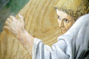 Detail aus der Legende vom Wahren Kreuz: Transport des Heiligen Holzes von Piero della Francesca