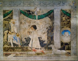Sigismondo Pandolfo Malatesta, Herrscher von Rimini, kniet vor seinem Schutzpatron, dem heiligen Sigismund, heiligem König von Burgund von Piero della Francesca