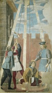 Folter des Juden: Judas wird aus dem Brunnen gezogen, aus dem Zyklus des Wahren Kreuzes, abgeschlossen 1464 von Piero della Francesca