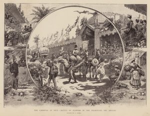 Karneval in Nizza, Blumenschlacht auf der Promenade des Anglais (Stich) von Pierra Comba
