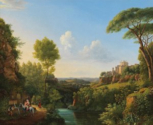 Italienische Landschaft mit Reisenden an einem Brunnen