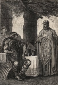 Heiliger Gregor von Tours (538-594) (Gregor von Tours) widersetzt sich Chilperich I. (539-584) Frankenkönig der Merowinger-Dynastie - Gravur von Pierre Fritel (1853-1942) von Pierre (after) Fritel